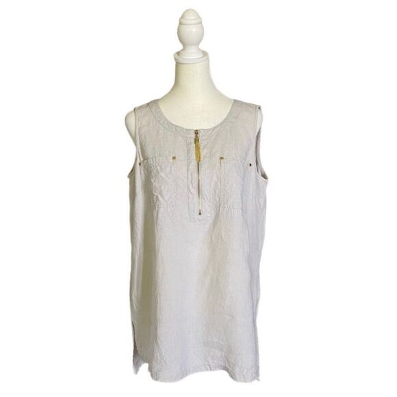 Ellen Tracy Linen Tan & Cream Pin Stripe Sleeveless Top w/ Gold Hardware Medium - Picture 1 of 12